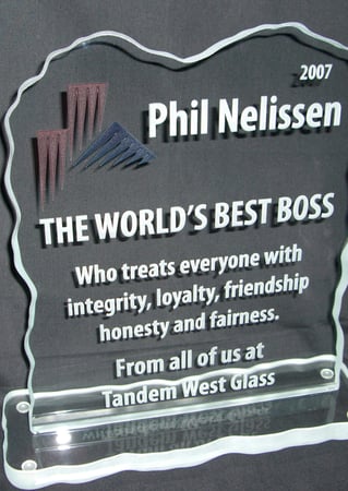Glass Plaque Award featuring a Frosted Glass Logos Design Sandblast Etched Glass World's Best Boss (similar look) Design by Sans Soucie