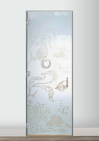 Interior Glass Door showcasing a Frosted Glass Oceanic Design with Sandblast Etched Glass Art by Sans Soucie Aquarium Seahorse Design