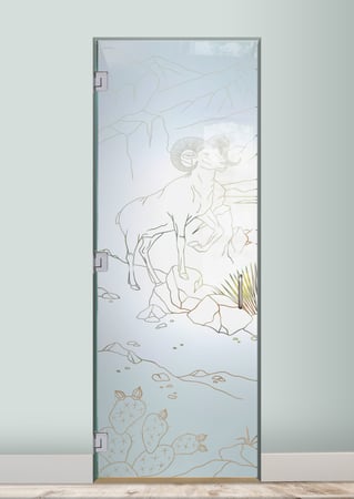 Interior Glass Door featuring a Frosted Glass Wildlife Design Sandblast Etched Glass Bighorn Design by Sans Soucie