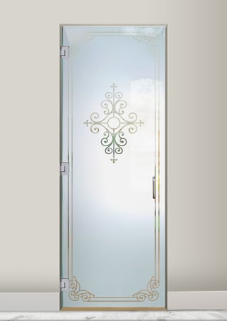 Interior Glass Door featuring a Frosted Glass Wrought Iron Design Sandblast Etched Glass Maya Naples Design by Sans Soucie