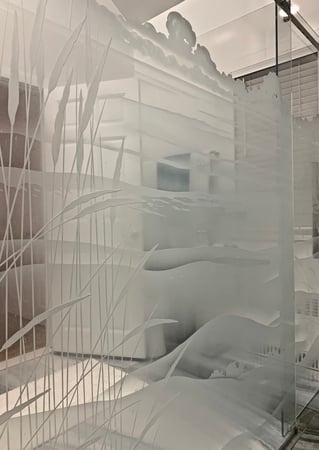 Shower Enclosure showcasing a Frosted Glass Landscapes Design with Sandblast Etched Glass Art by Sans Soucie Beach Grass Design