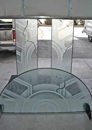 Window with a sandblast Frosted Glass Geometric Design Custom-Designed Decorative Etched Glass