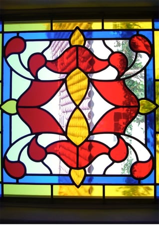 Window featuring a Frosted Glass Traditional Design Sandblast Etched Glass Alhambra Red Design by Sans Soucie