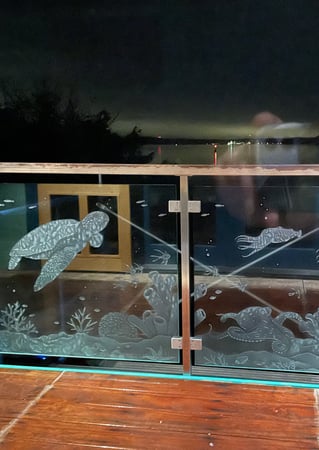 Handrail with a Frosted Glass Aquarium Sea Life Wildlife Design for Semi-Private by Sans Soucie Art Glass