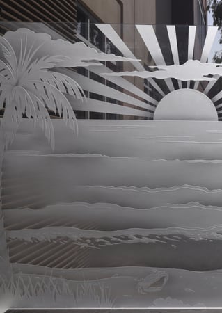 Window with a Frosted Glass Palm Sunset Rays Trees Design for Semi-Private by Sans Soucie Art Glass