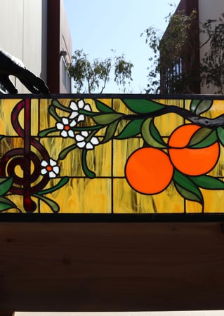 Window featuring Frosted Glass Design Etched Glass by Sans Soucie Art Glass with Custom Foliage Design Oranges