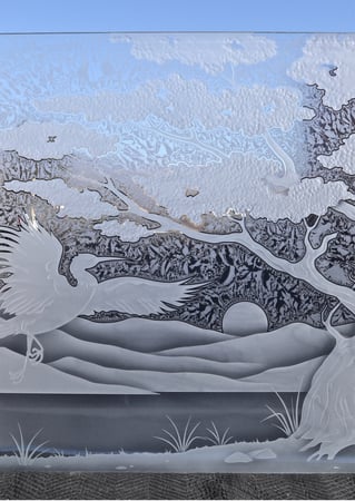 Window with a Frosted Glass Bonsai Dancing Egret Asian Design for Semi-Private by Sans Soucie Art Glass