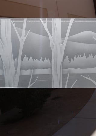 Window with a Frosted Glass Tree Trunk Landscape Trees Design for Private by Sans Soucie Art Glass