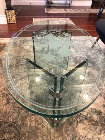 Glass Coffee Table showcasing a Frosted Glass Floral Design with Sandblast Etched Glass Art by Sans Soucie Roses Design