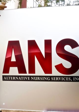 Glass Sign featuring a Frosted Glass Logos Design Sandblast Etched Glass Alternative Nursing Services (similar look) Design by Sans Soucie