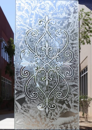Window with a sandblast Frosted Glass Wrought Iron Design Custom-Designed Decorative Etched Glass