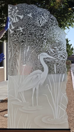 Shower Partition with Frosted Glass Wildlife Standing Egret Design by Sans Soucie