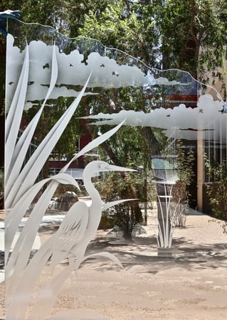 Partition featuring a Frosted Glass Wildlife Design Sandblast Etched Glass Egret in the Reeds Design by Sans Soucie