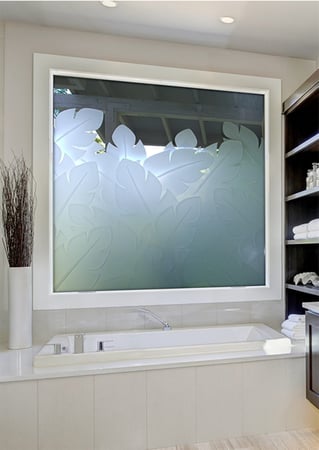 Window featuring a Frosted Glass Tropical Design Sandblast Etched Glass Banana Leaves Design by Sans Soucie