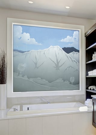 Window with a sandblast Frosted Glass Desert Design Custom-Designed Decorative Etched Glass