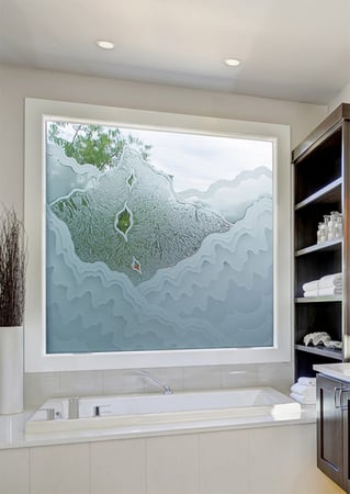 Window showcasing a Frosted Glass Abstract Design with Sandblast Etched Glass Art by Sans Soucie Rugged Retreat Design
