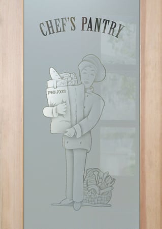 Pantry Door showcasing a Frosted Glass Italian Chef Design with Sandblast Etched Glass Art by Sans Soucie Pastry Chef Design