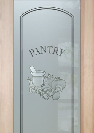Pantry Door showcasing a Frosted Glass Country Farmhouse Design with Sandblast Etched Glass Art by Sans Soucie Stone Mill Design