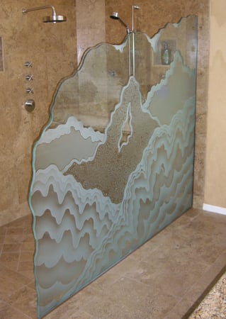 Partition showcasing a Frosted Glass Abstract Design with Sandblast Etched Glass Art by Sans Soucie Rugged Retreat Design