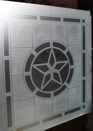 Window featuring a Frosted Glass Geometric Design Sandblast Etched Glass Karcher Star Design by Sans Soucie