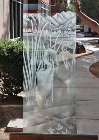 Partition featuring a Frosted Glass Wildlife Design Sandblast Etched Glass Shy Egret Design by Sans Soucie