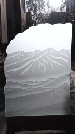 Partition featuring Frosted Glass Design Etched Glass by Sans Soucie Art Glass with Custom Desert Design San Jacinto Mountains