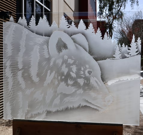 Partition with a Frosted Glass Brown Bear Wildlife Design for Semi-Private by Sans Soucie Art Glass