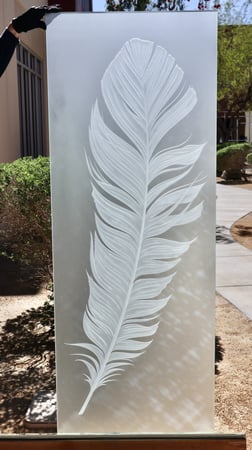 Partition featuring a Frosted Glass Foliage Design Sandblast Etched Glass Feather Design by Sans Soucie