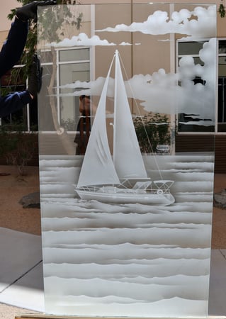 Partition featuring a Frosted Glass Oceanic Design Sandblast Etched Glass Setting Sail Design by Sans Soucie