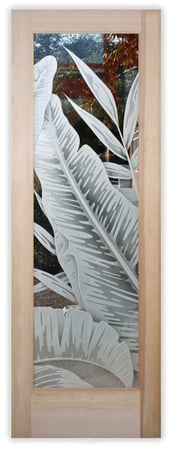Pantry Door with a sandblast Frosted Glass Tropical Design Custom-Designed Decorative Etched Glass