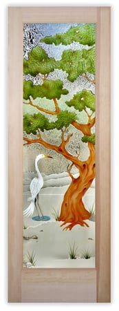 Pantry Door showcasing a Frosted Glass Asian Design with Sandblast Etched Glass Art by Sans Soucie Bonsai Egret Design