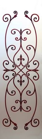 Door Glass Insert showcasing a Frosted Glass Wrought Iron Design with Sandblast Etched Glass Art by Sans Soucie Corazones Burgundy Design