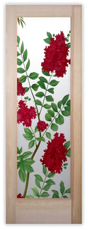 Pantry Door featuring a Frosted Glass Floral Design Sandblast Etched Glass Crepe Mertyl Design by Sans Soucie