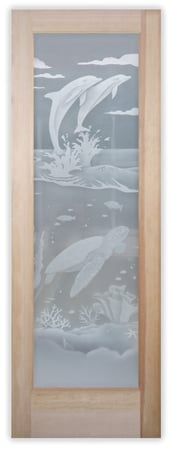 Pantry Door with a Frosted Glass Dolphins Leaping & Sea Turtle Oceanic Design for Private by Sans Soucie Art Glass
