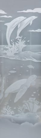 Door Glass Insert with a Frosted Glass Dolphins Leaping & Sea Turtle Oceanic Design for Private by Sans Soucie Art Glass