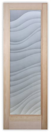 Bathroom Door showcasing a Frosted Glass Abstract Design with Sandblast Etched Glass Art by Sans Soucie Dreamy Waves Design