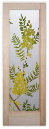 Pantry Door featuring Frosted Glass Design Etched Glass by Sans Soucie Art Glass with Custom Floral Design Gold Medallion