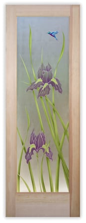 Bathroom Door featuring a Frosted Glass Floral Design Sandblast Etched Glass Iris Hummingbird Design by Sans Soucie