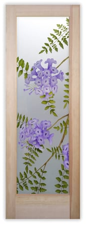 Pantry Door featuring Frosted Glass Design Etched Glass by Sans Soucie Art Glass with Custom Floral Design Jacaranda