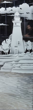 Door Glass Insert with Frosted Glass Oceanic Marblehead Lighthouse Design by Sans Soucie