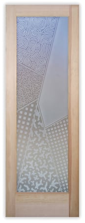 Bathroom Door showcasing a Frosted Glass Geometric Design with Sandblast Etched Glass Art by Sans Soucie Matrix Angles Design