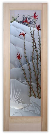 Pantry Door showcasing a Frosted Glass Desert Design with Sandblast Etched Glass Art by Sans Soucie Ocotillo Design