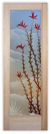 Bathroom Door showcasing a Frosted Glass Desert Design with Sandblast Etched Glass Art by Sans Soucie Ocotillo Design