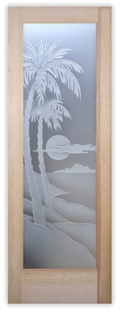 Bathroom Door featuring Frosted Glass Design Etched Glass by Sans Soucie Art Glass with Custom Palm Trees Design Palm Sunset