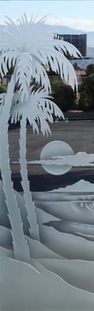Door Glass Insert showcasing a Frosted Glass Palm Trees Design with Sandblast Etched Glass Art by Sans Soucie Palm Sunset Waves Design