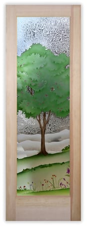 Pantry Door showcasing a Frosted Glass Trees Design with Sandblast Etched Glass Art by Sans Soucie Seasons Spring Design