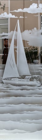 Door Glass Insert featuring a Frosted Glass Oceanic Design Sandblast Etched Glass Setting Sail Design by Sans Soucie