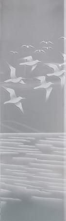 Door Glass Insert showcasing a Frosted Glass Oceanic Design with Sandblast Etched Glass Art by Sans Soucie Swallows Design