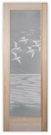 Pantry Door showcasing a Frosted Glass Oceanic Design with Sandblast Etched Glass Art by Sans Soucie Swallows Design