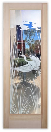 Front Door showcasing a Frosted Glass Wildlife Design with Sandblast Etched Glass Art by Sans Soucie Swooping Egret Design